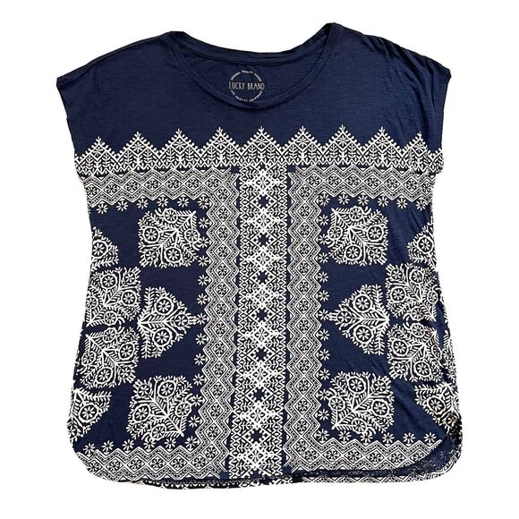 Lucky Brand Navy Blue Cotton Modal Vinbrant Scarf Print Scoop Neck T-Shirt Top L - Picture 1 of 7